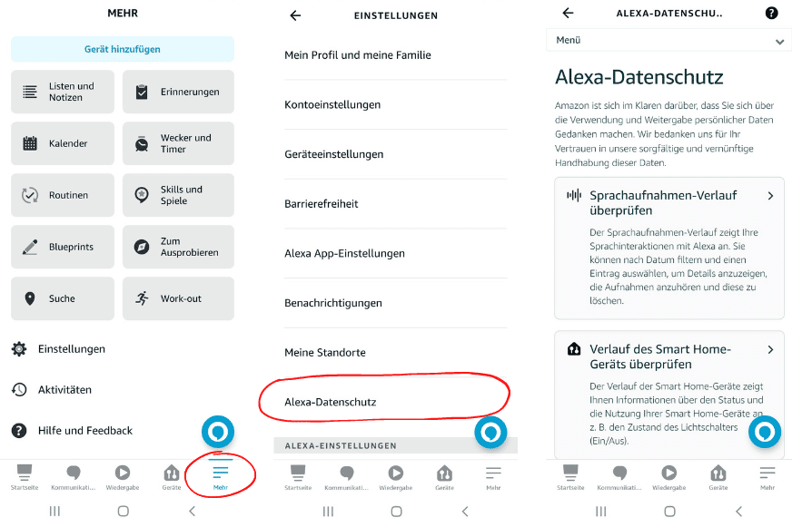 Datenschutzeinstellungen werden in der Alexa App getroffen